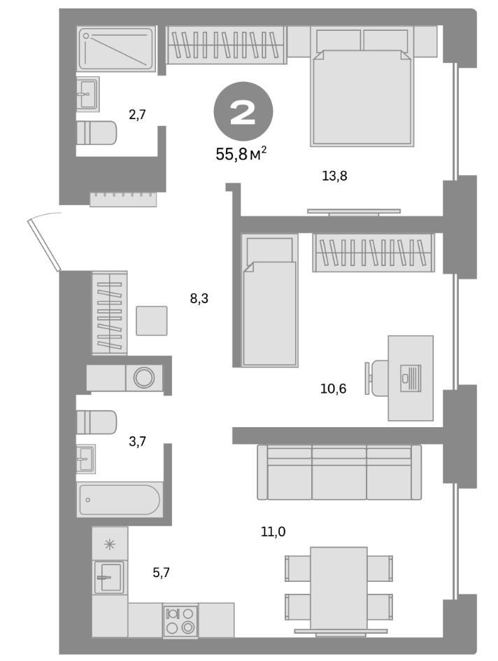 3-комнатная 55.8 м2 в ЖК undefined корпус null этаж 3