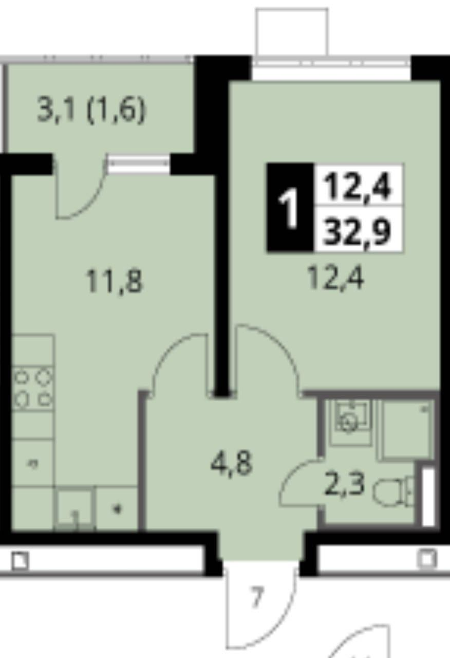 1-комнатная 32.9 м2 в ЖК undefined корпус null этаж 16