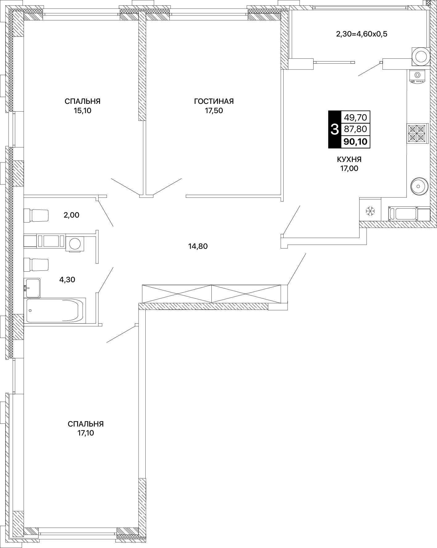 3-комнатная 90 м2 в ЖК Сияние корпус null этаж 12