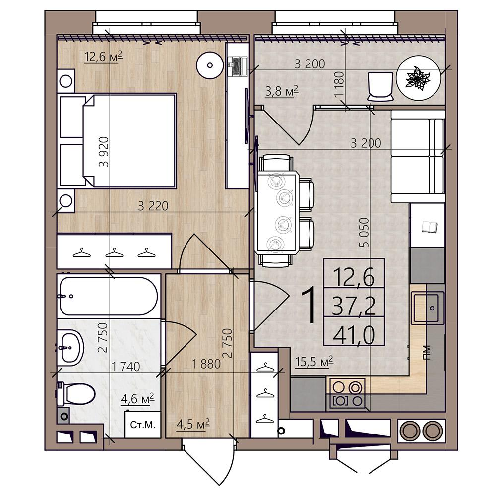 1-комнатная 41 м2 в ЖК Окская стрелка корпус null этаж 6