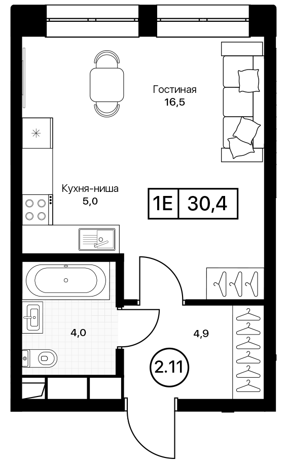 1-комнатная 30.4 м2 в ЖК undefined корпус null этаж 2