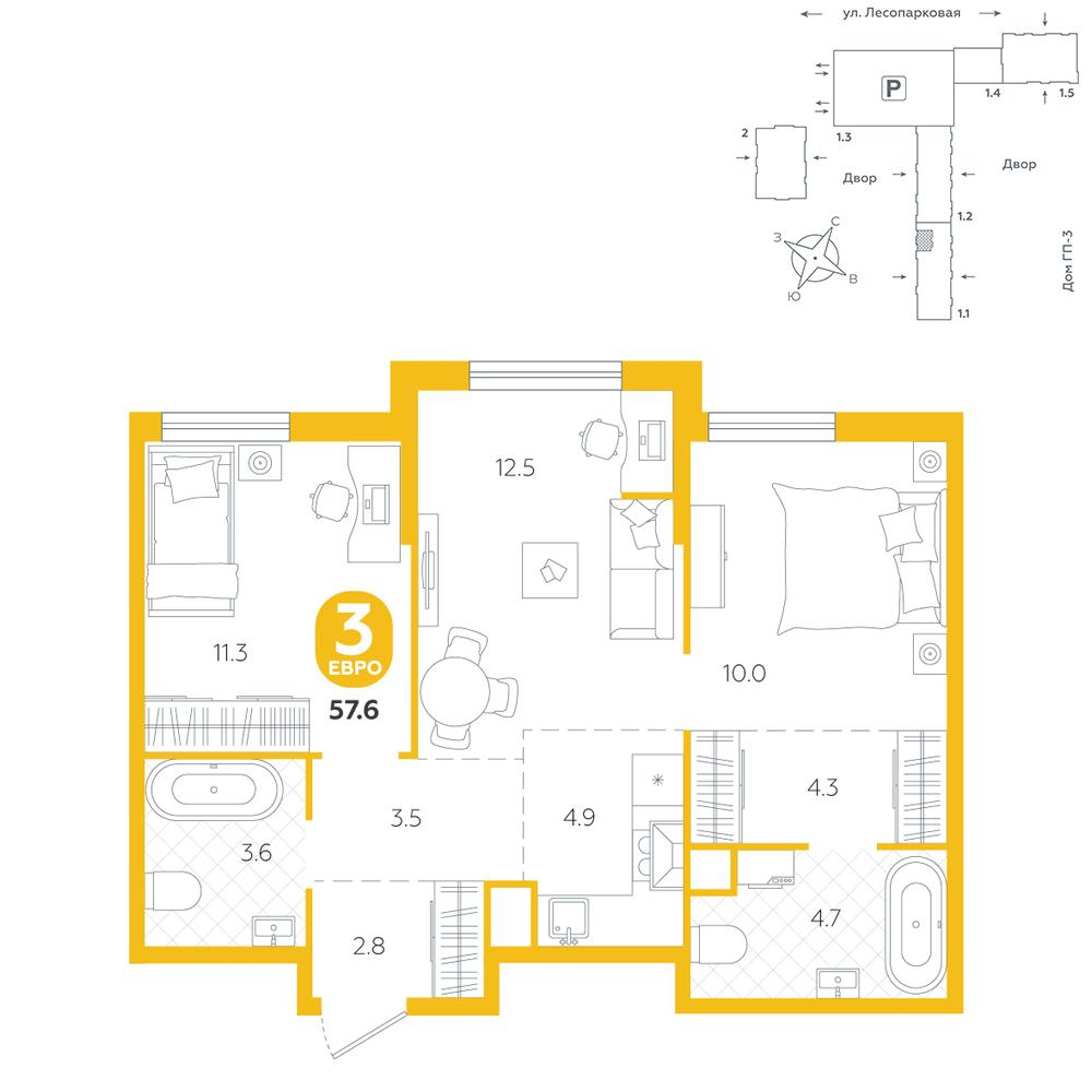 2-комнатная 57 м2 в ЖК Чистые пруды корпус null этаж 2