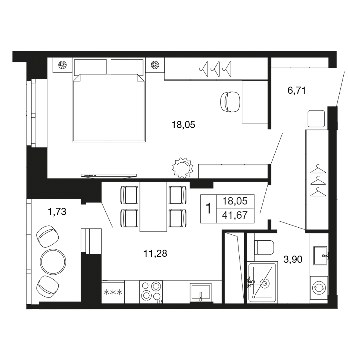 1-комнатная 41 м2 в ЖК Времена года корпус null этаж 6