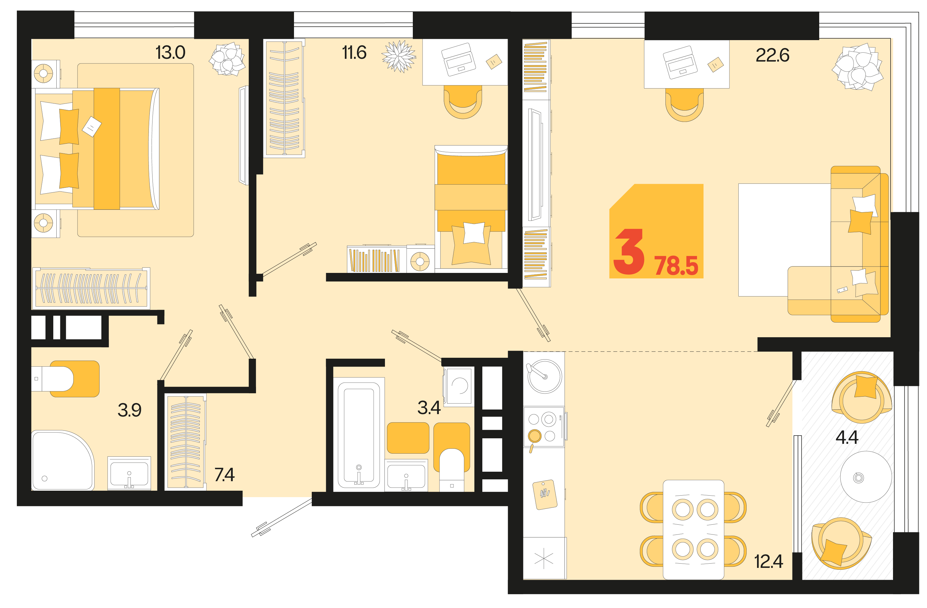 3-комнатная 78 м2 в ЖК Первое место корпус null этаж 9