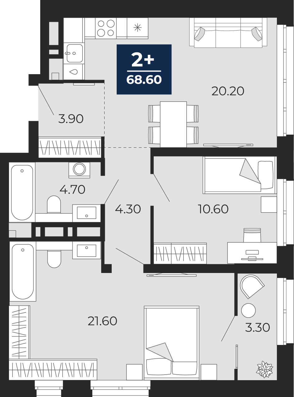 2-комнатная 65 м2 в ЖК Айвазовский корпус null этаж 11
