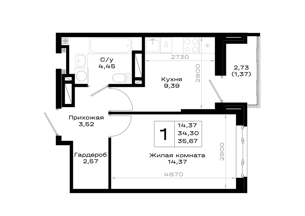 1-комнатная 35 м2 в ЖК Октябрь парк корпус null этаж 9