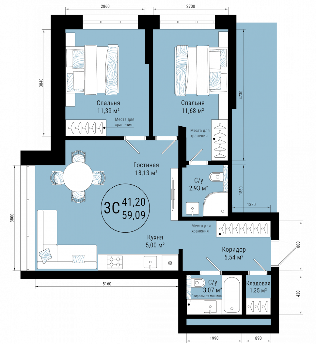 3-комнатная 59.1 м2 в ЖК undefined корпус null этаж 6