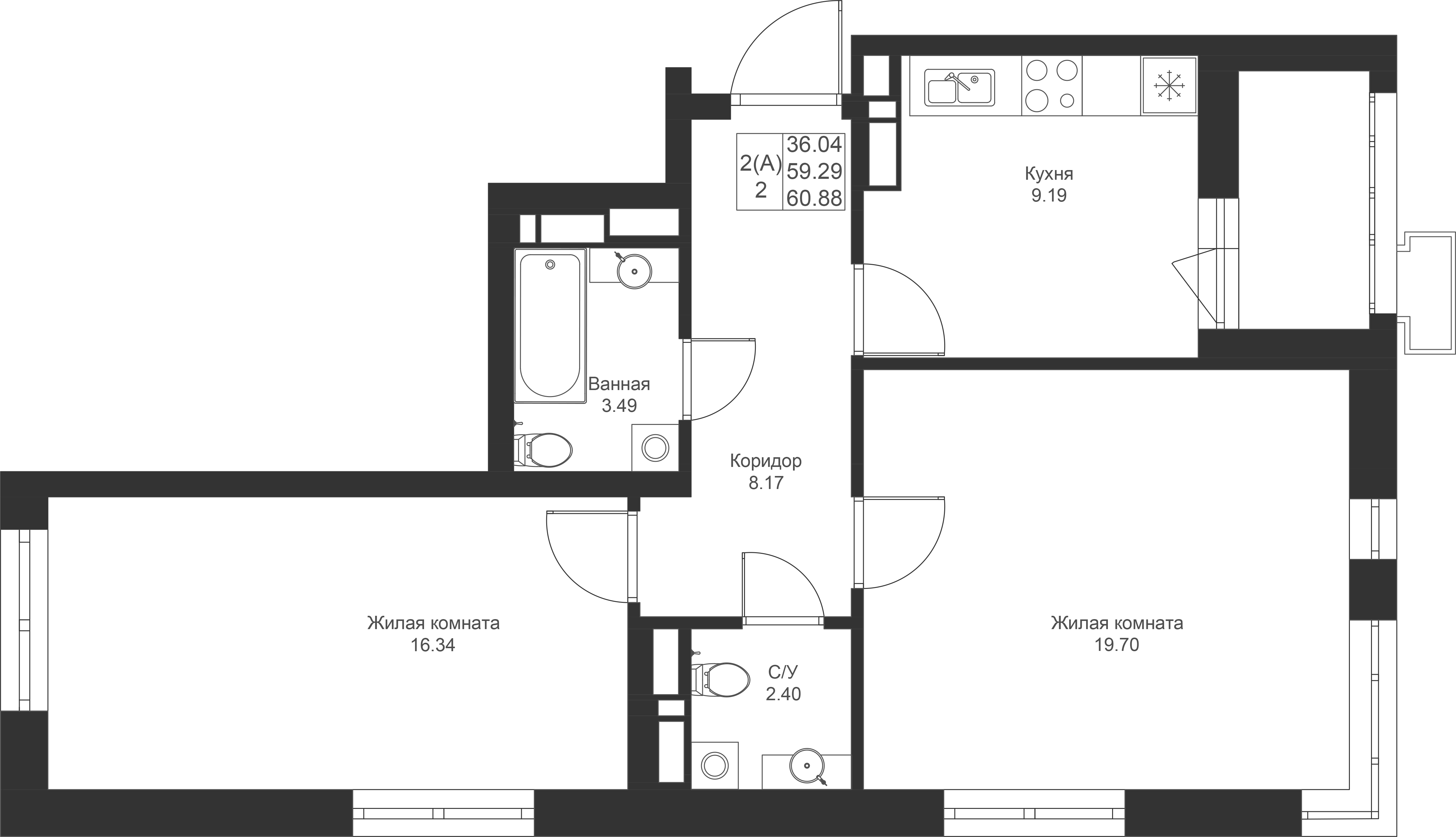2-комнатная 60 м2 в ЖК Солнечный город корпус null этаж 2