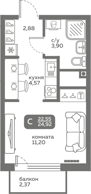 Студия 22 м2 в ЖК Меридиан Слобода корпус null этаж 11