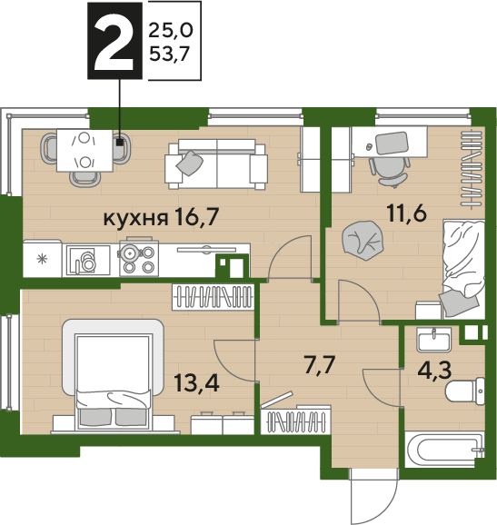 2-комнатная 52 м2 в ЖК Догма Парк корпус null этаж 5