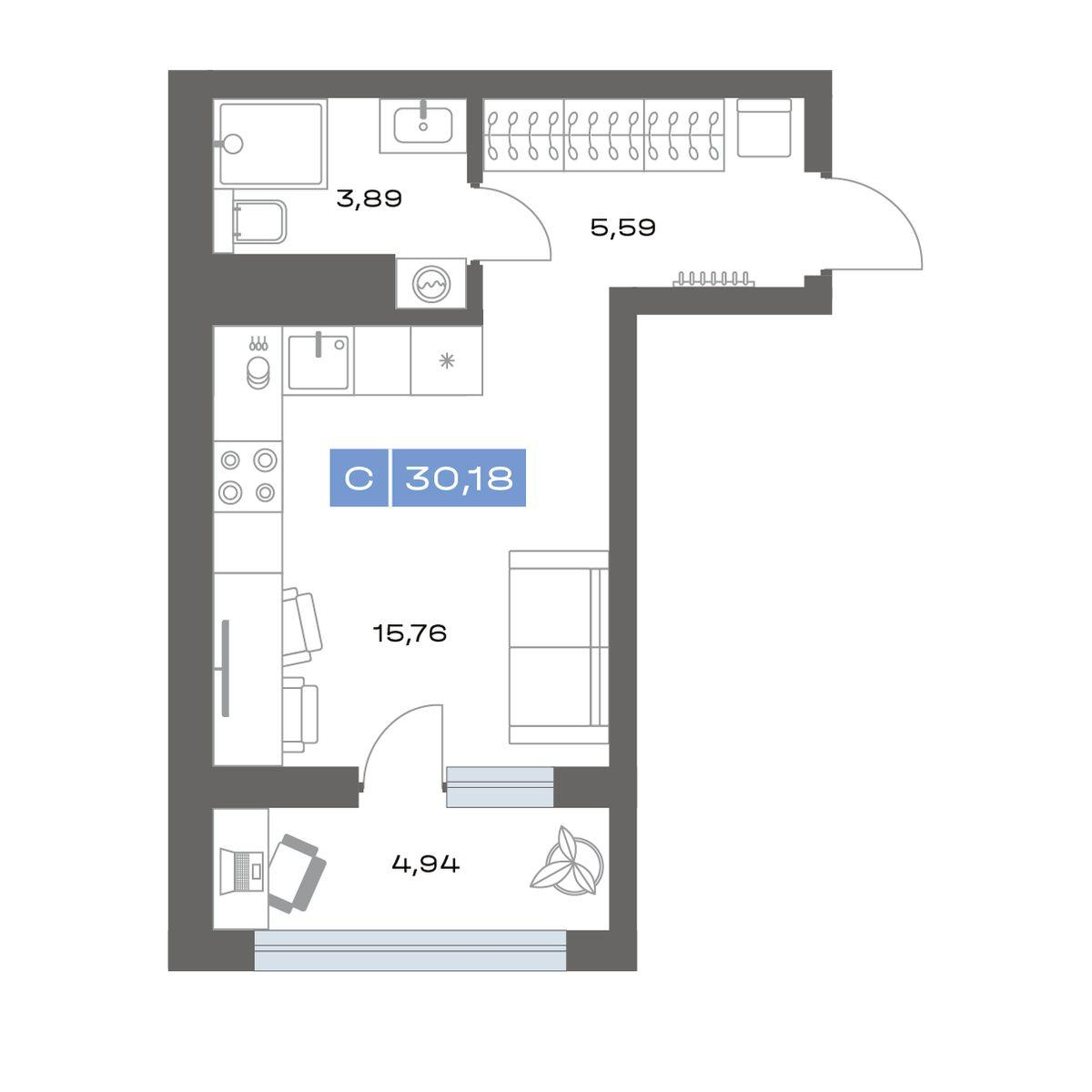 1-комнатная 30 м2 в ЖК Пятнашка корпус null этаж 12