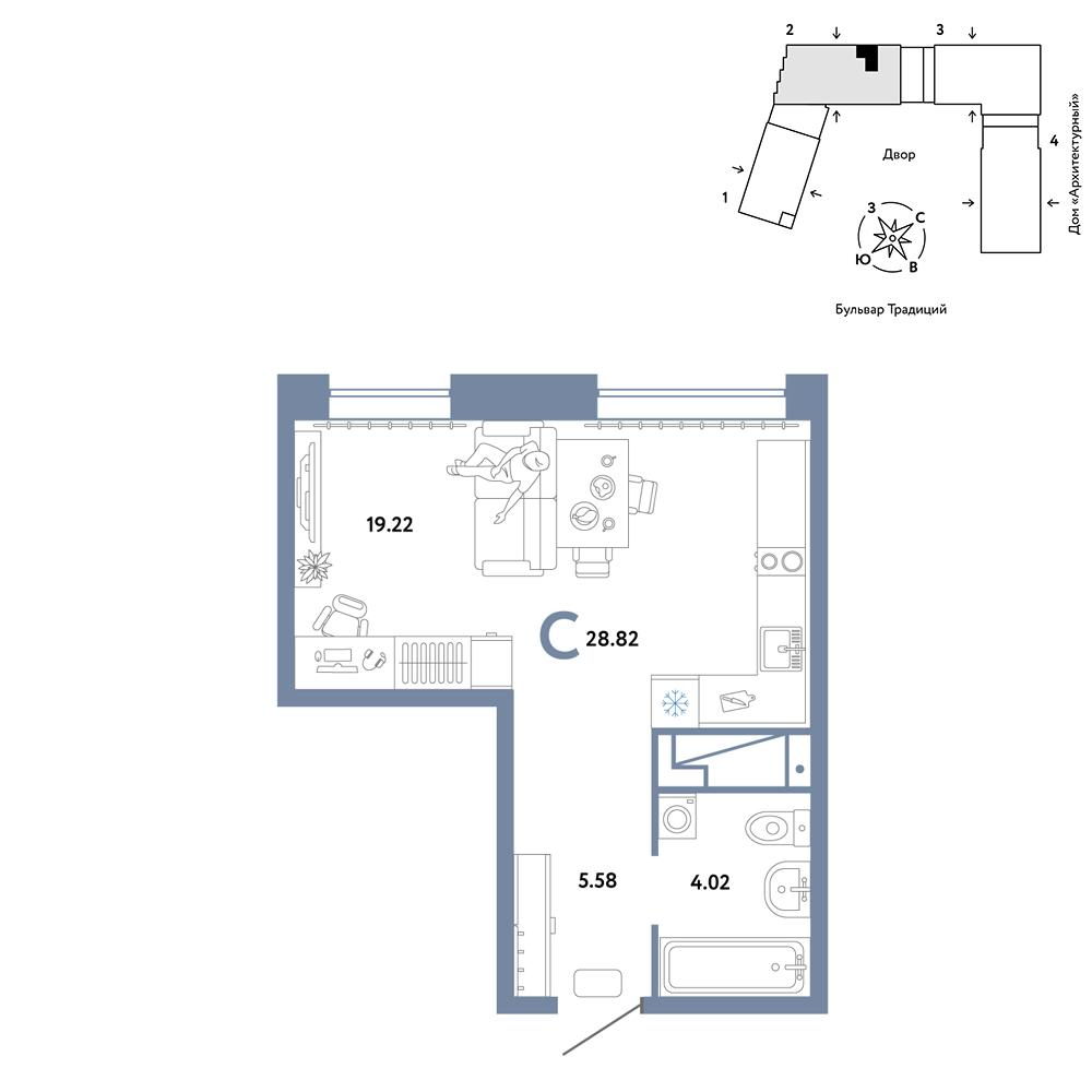 Студия 28 м2 в ЖК Микрорайон Домашний корпус null этаж 14