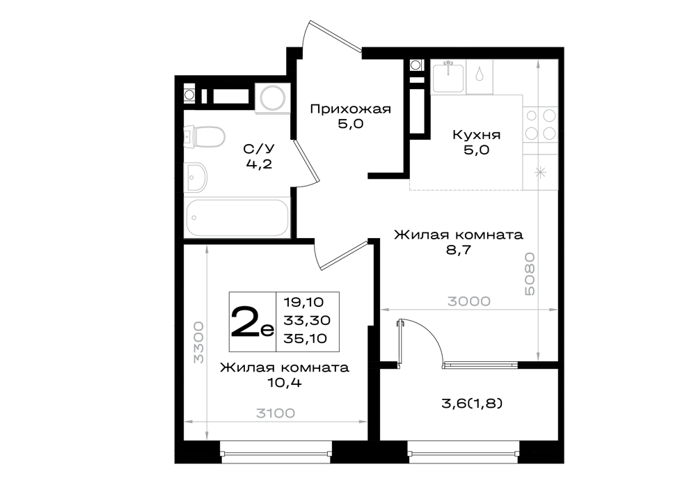 2-комнатная 35 м2 в ЖК Придонье корпус null этаж 9