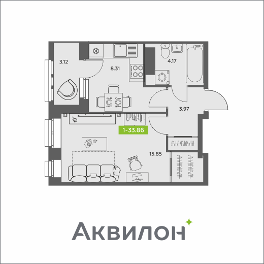 1-комнатная 33 м2 в ЖК Аквилон АКВАРТАЛ корпус null этаж 12