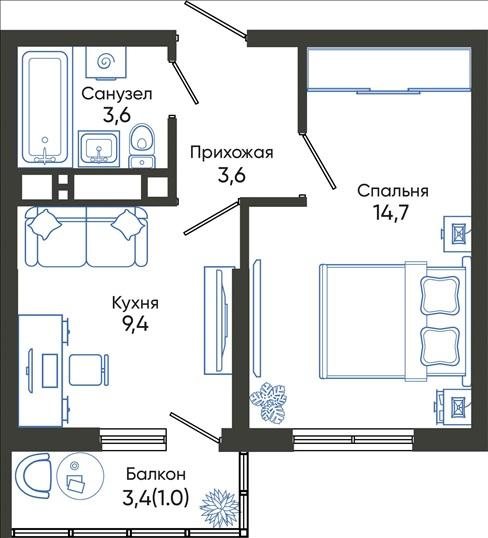 1-комнатная 32 м2 в ЖК Облака корпус null этаж 15