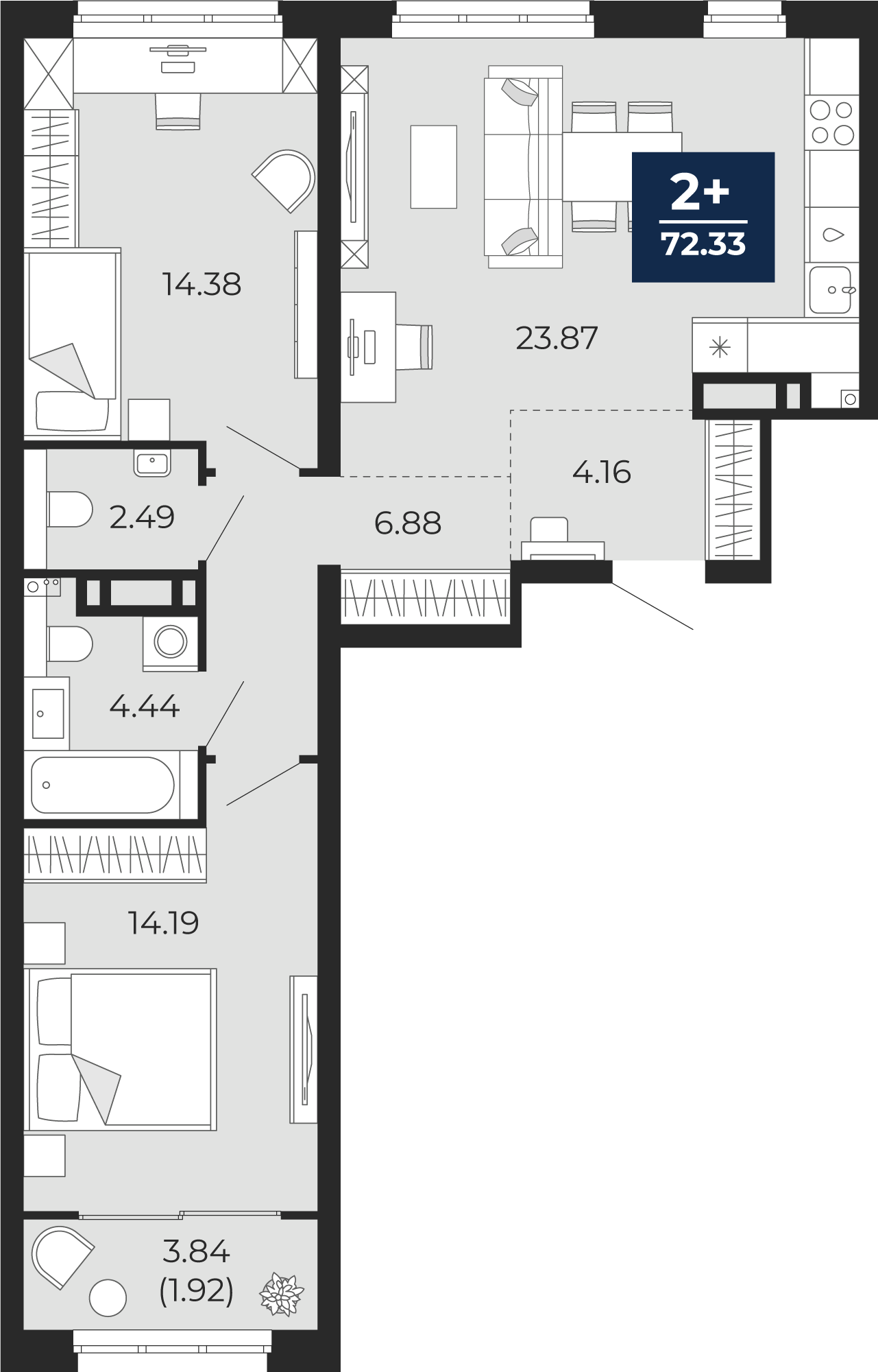 2-комнатная 70 м2 в ЖК Беринг корпус null этаж 8