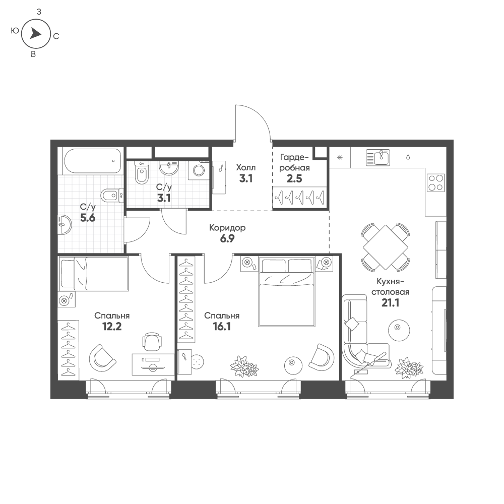 2-комнатная 70 м2 в ЖК Mariinn Park корпус null этаж 11