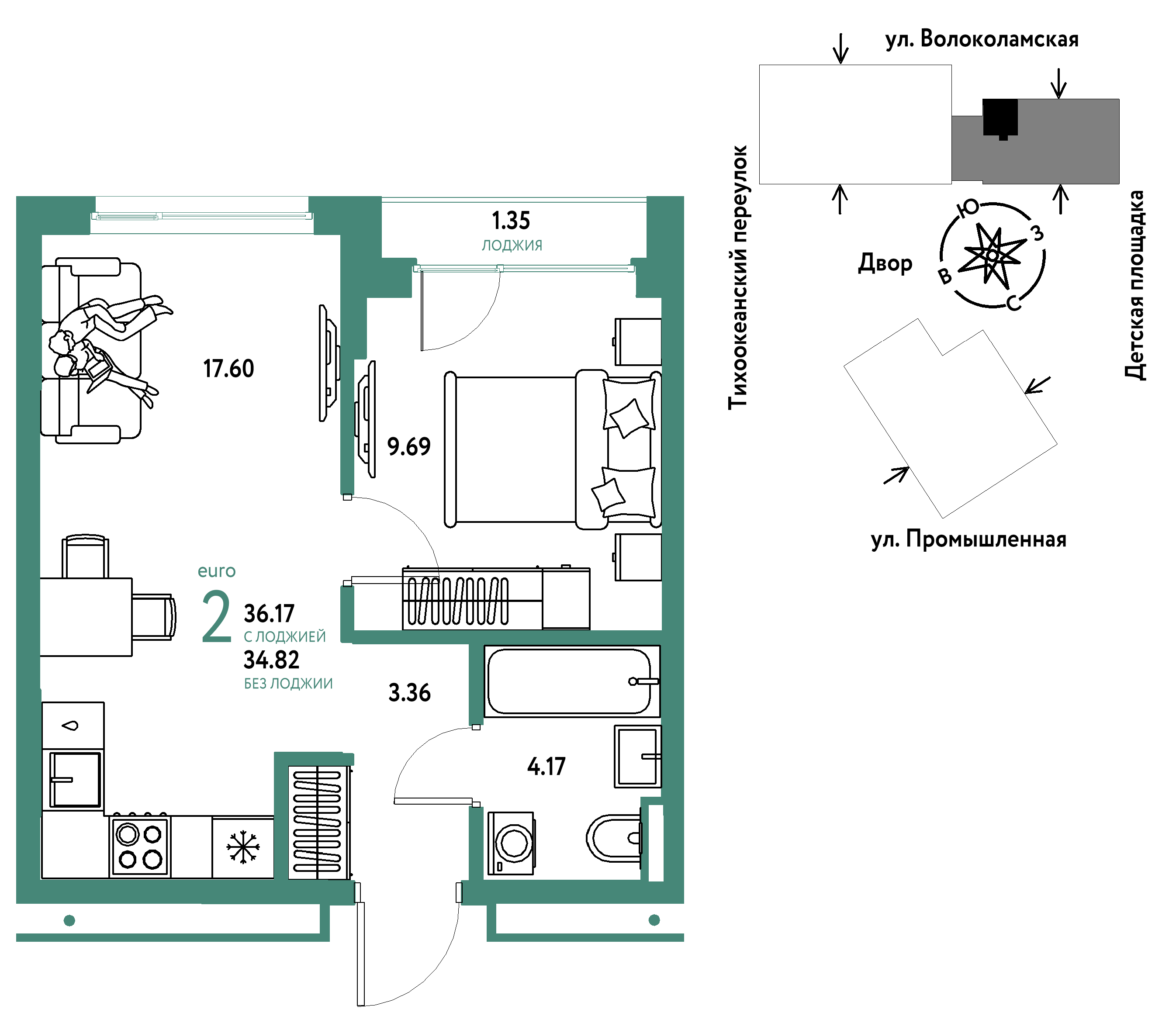 2-комнатная 36 м2 в ЖК Страна.Прибрежная корпус null этаж 12