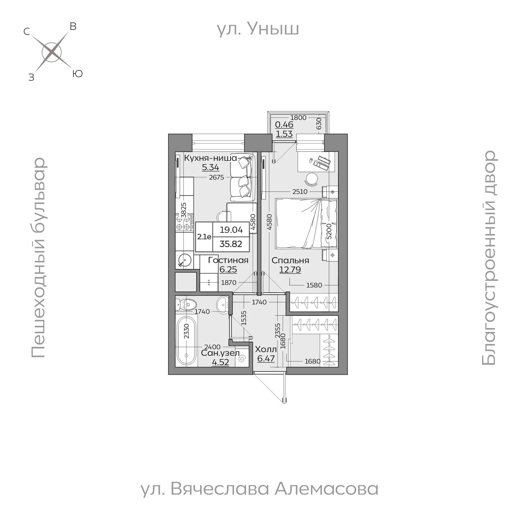 2-комнатная 35 м2 в ЖК Батталовский корпус null этаж 5