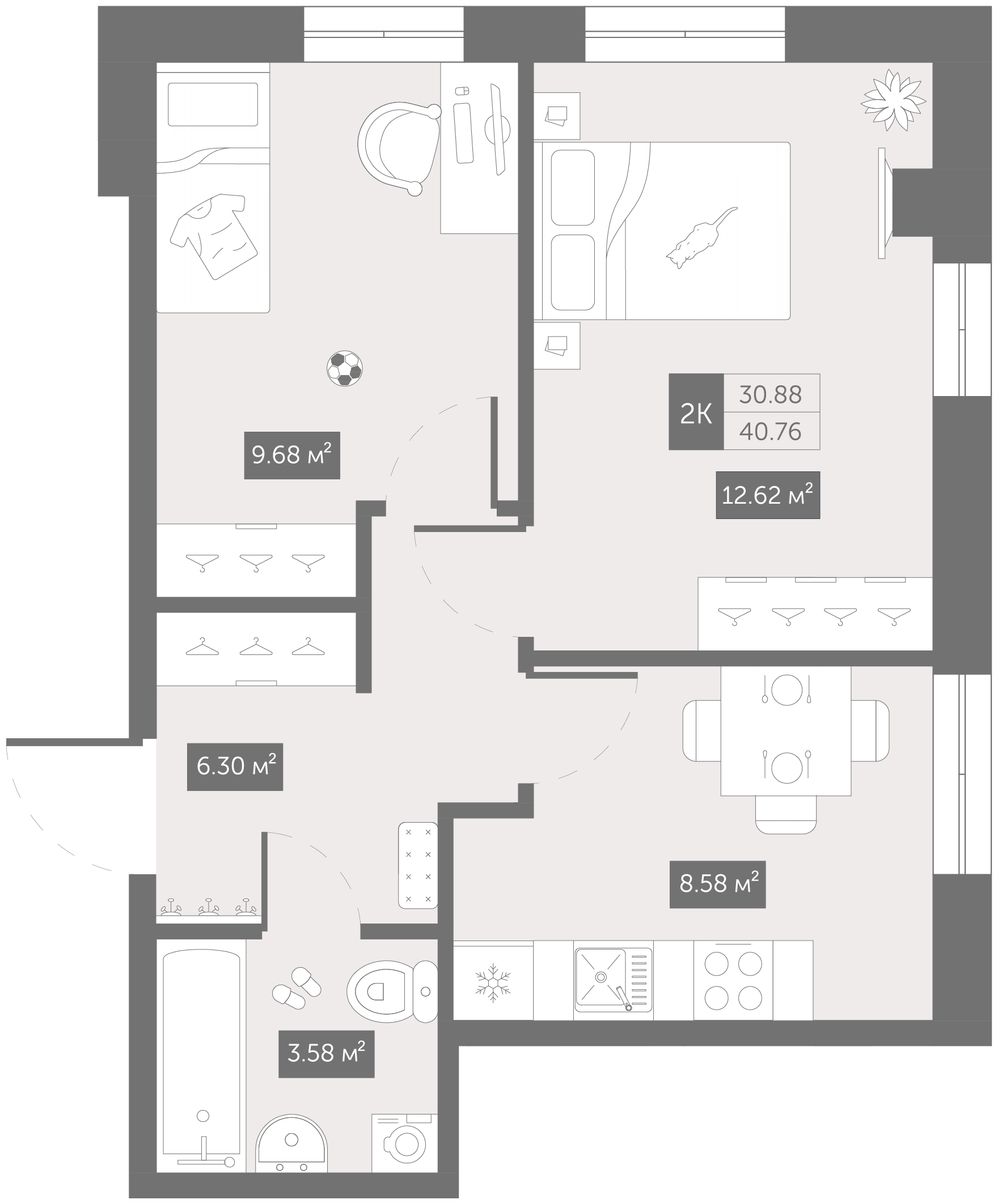 2-комнатная 40 м2 в ЖК Zoom Черная речка корпус null этаж 13