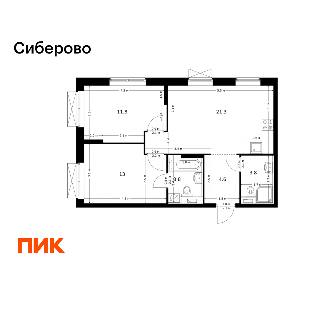 2-комнатная 58 м2 в ЖК Сиберово корпус null этаж 2