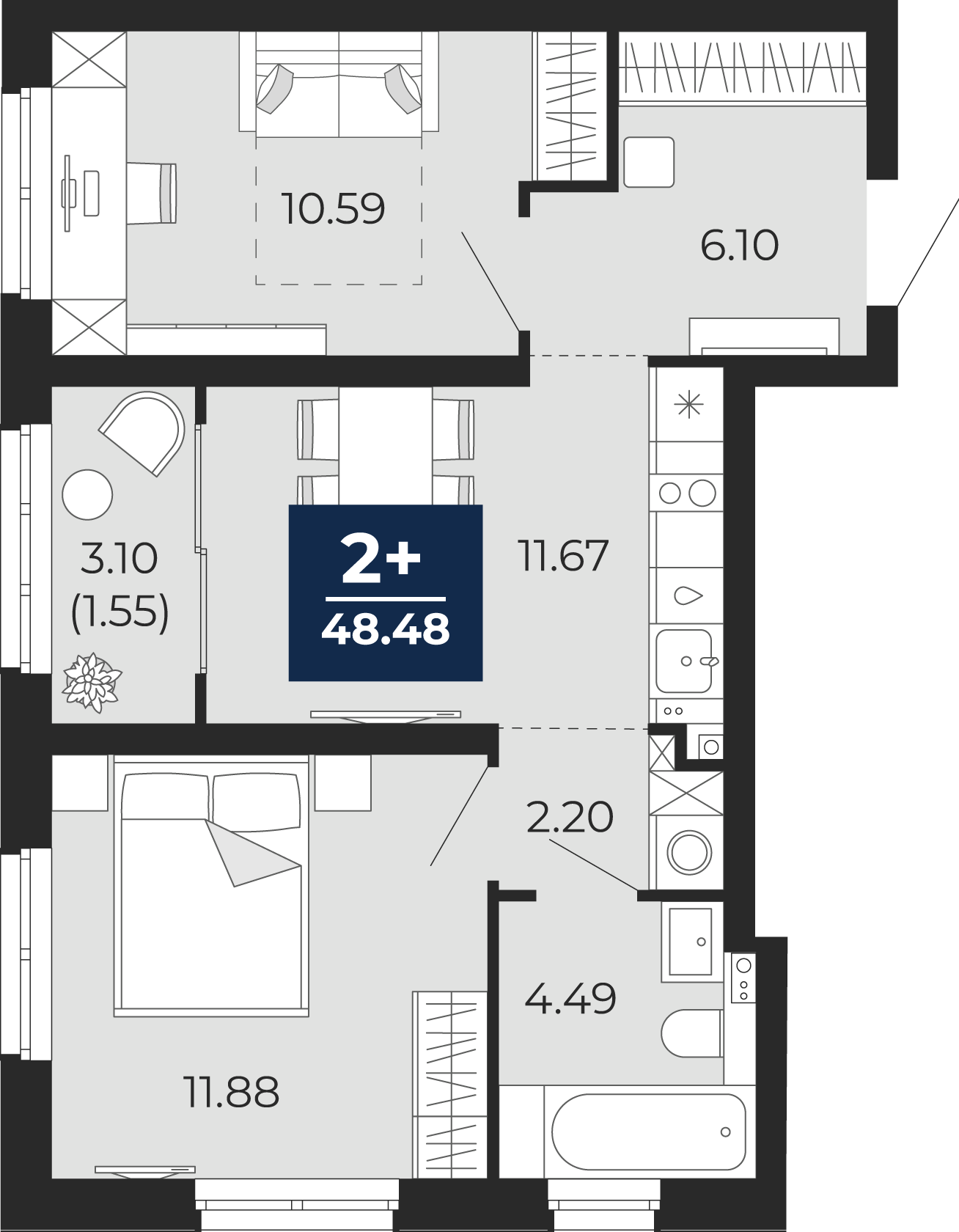 2-комнатная 46 м2 в ЖК Беринг корпус null этаж 10