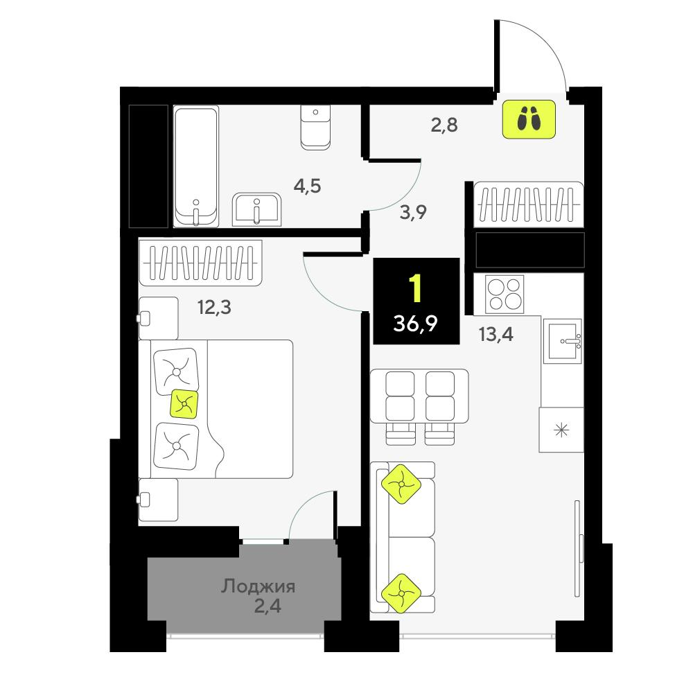 1-комнатная 36 м2 в ЖК Мотивы корпус null этаж 10