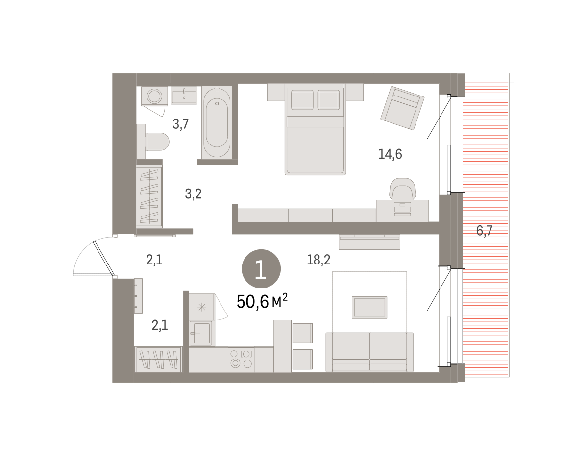 1-комнатная 50 м2 в ЖК Северный ветер корпус null этаж 16