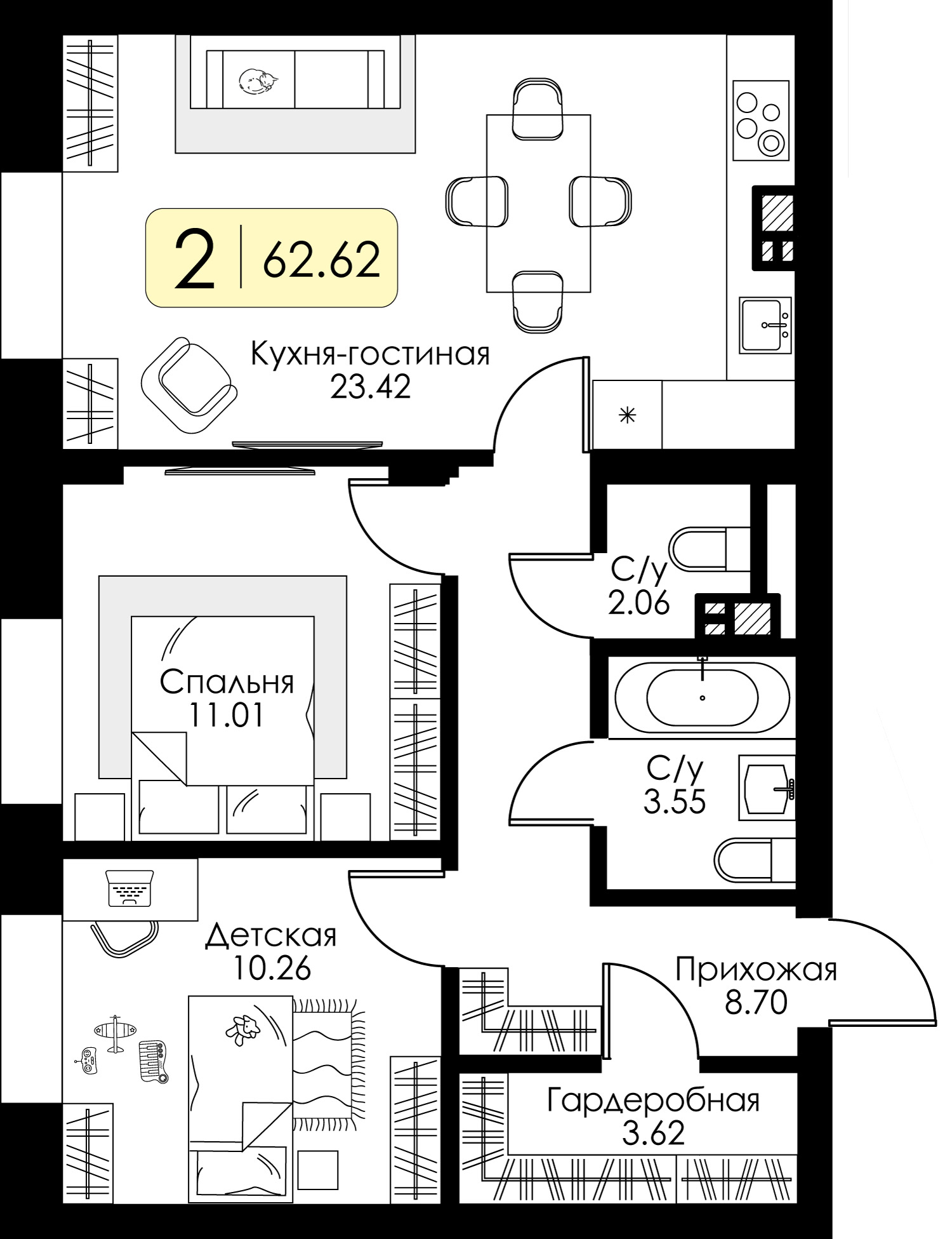 2-комнатная 62 м2 в ЖК Урбан Парк корпус null этаж 2