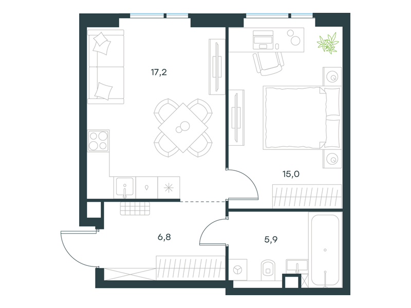 1-комнатная 44 м2 в ЖК Level Войковская корпус null этаж 3