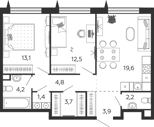 2-комнатная 65 м2 в ЖК Shagal корпус null этаж 10