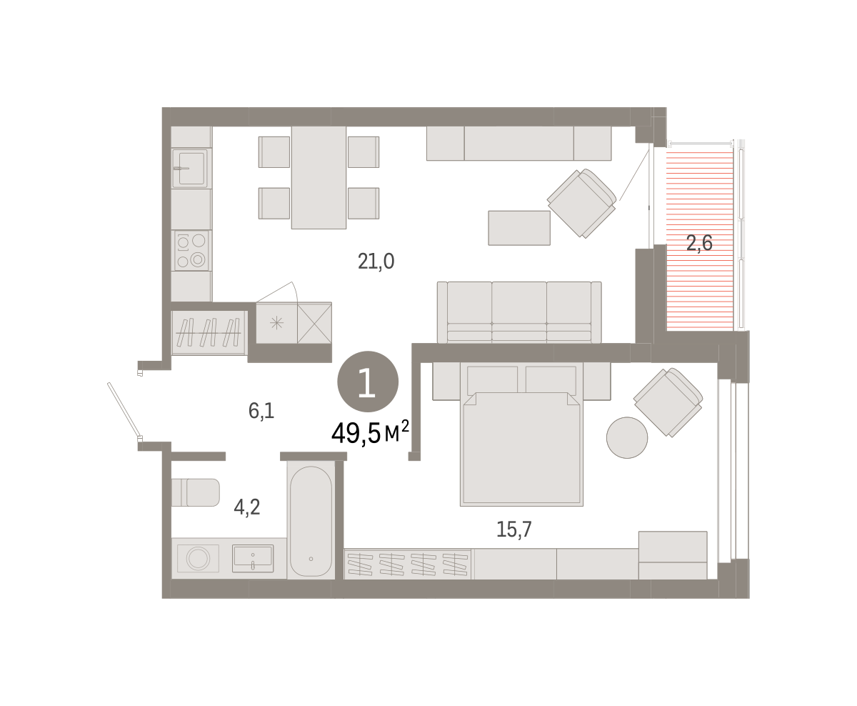 1-комнатная 49 м2 в ЖК Квартал Нефть корпус null этаж 3