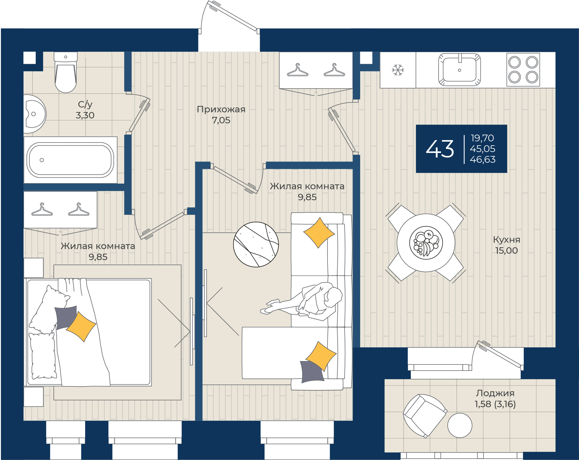 2-комнатная 46 м2 в ЖК Чехова корпус null этаж 4