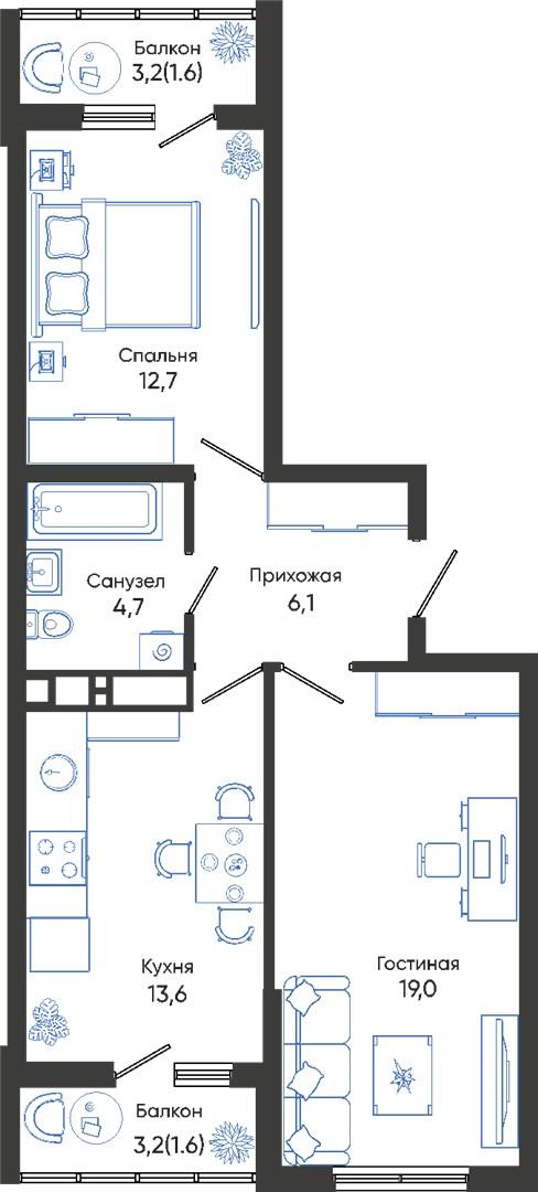 2-комнатная 59 м2 в ЖК Облака корпус null этаж 22