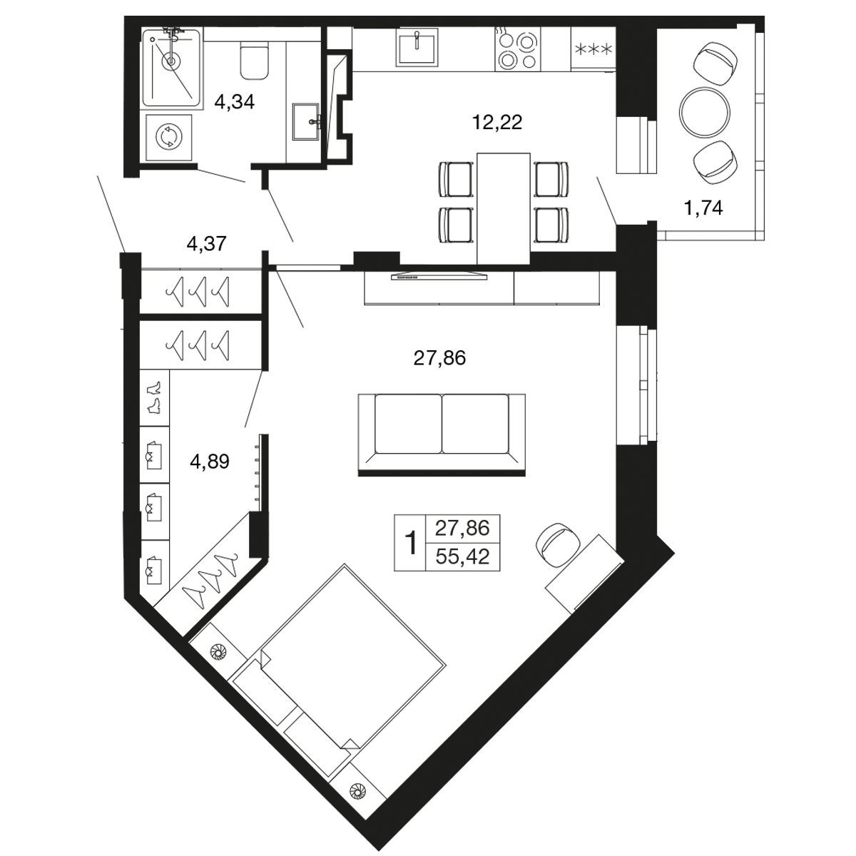 1-комнатная 55 м2 в ЖК Времена года корпус null этаж 4
