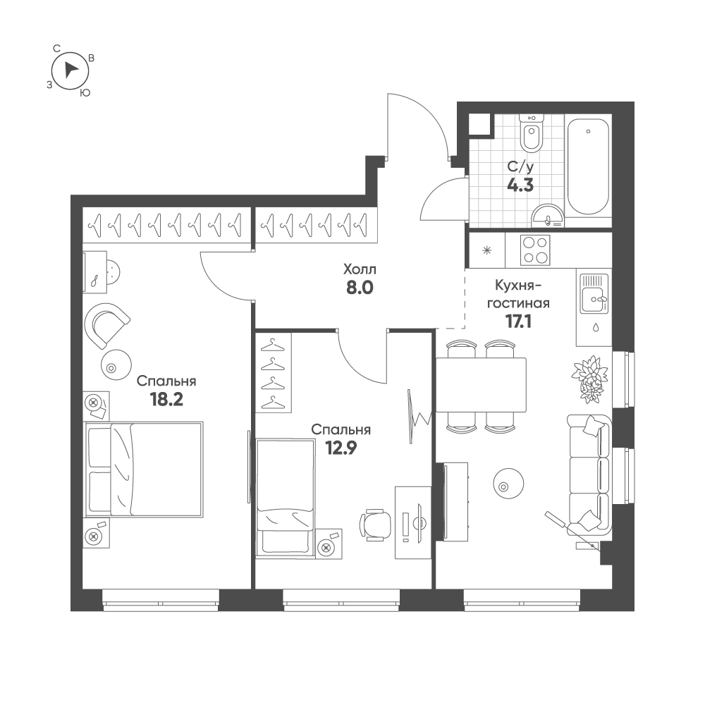 2-комнатная 60 м2 в ЖК Sokolinn Park корпус null этаж 17