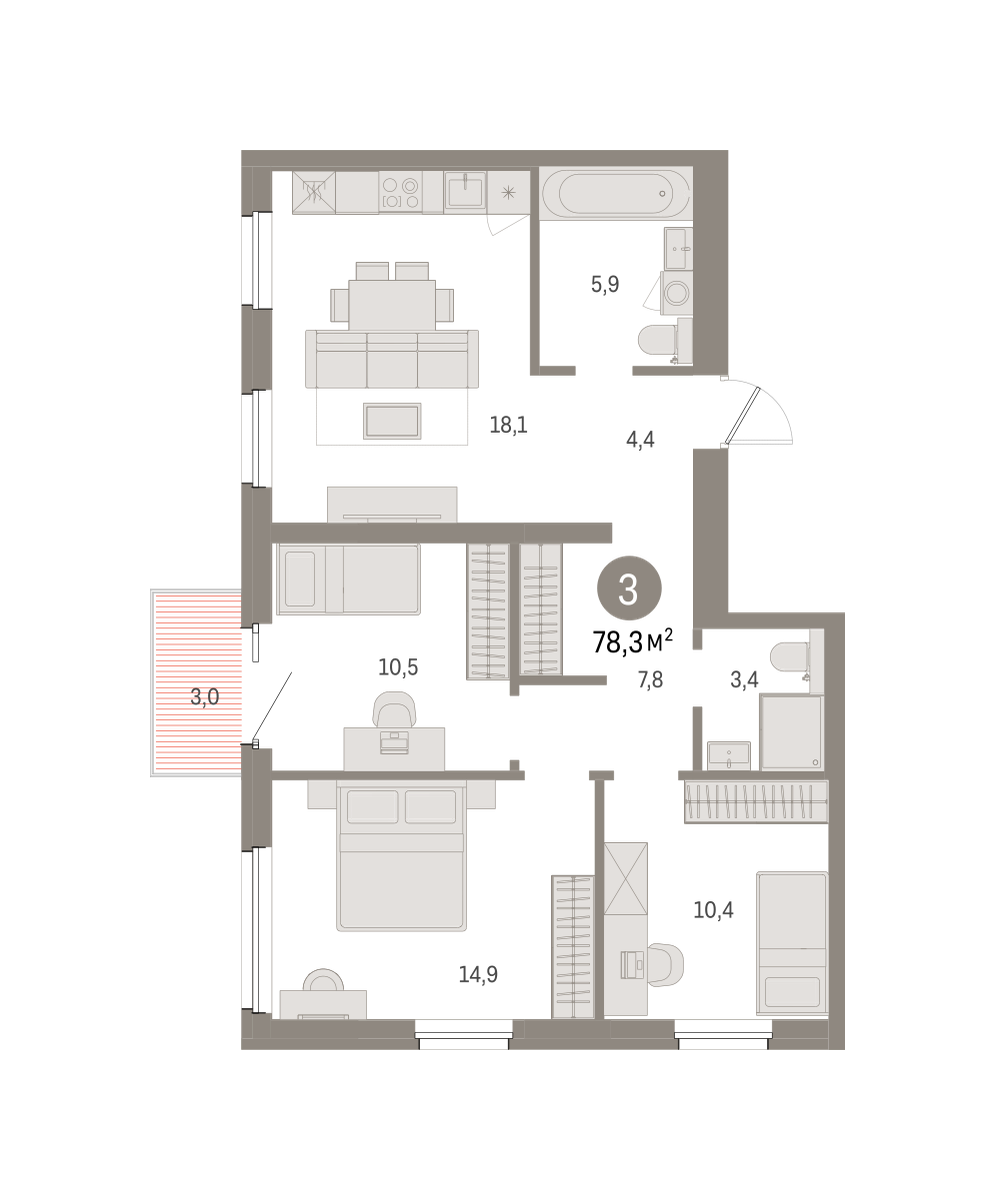 3-комнатная 78 м2 в ЖК Северный ветер корпус null этаж 6