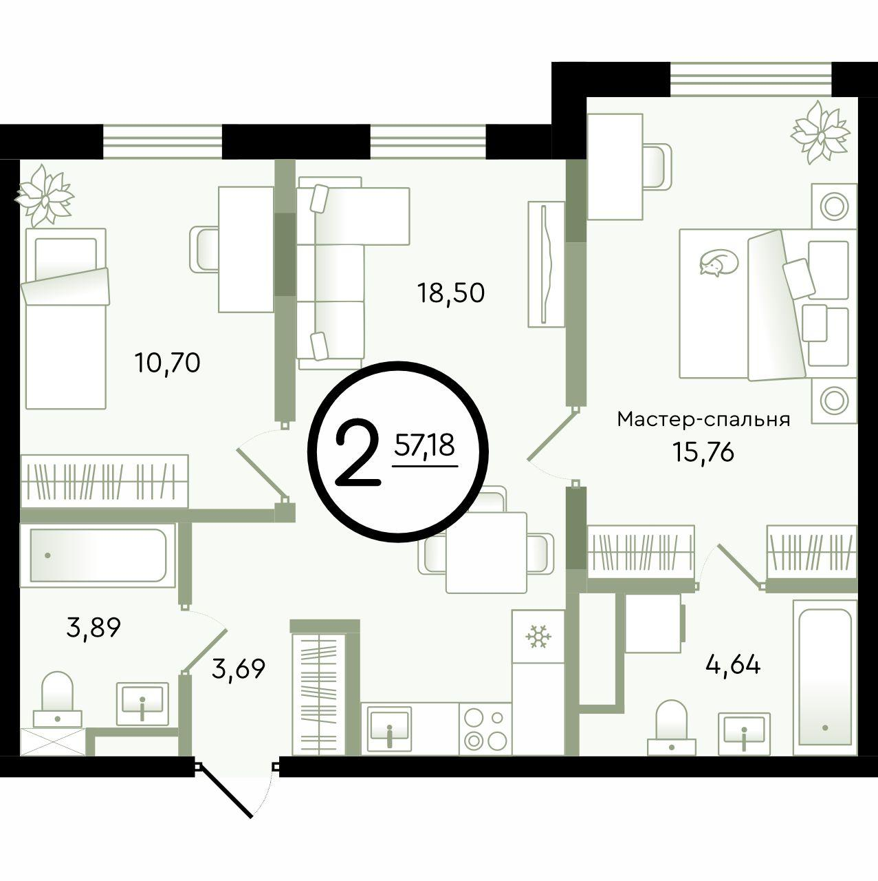2-комнатная 57 м2 в ЖК Зеленые Аллеи корпус null этаж 1