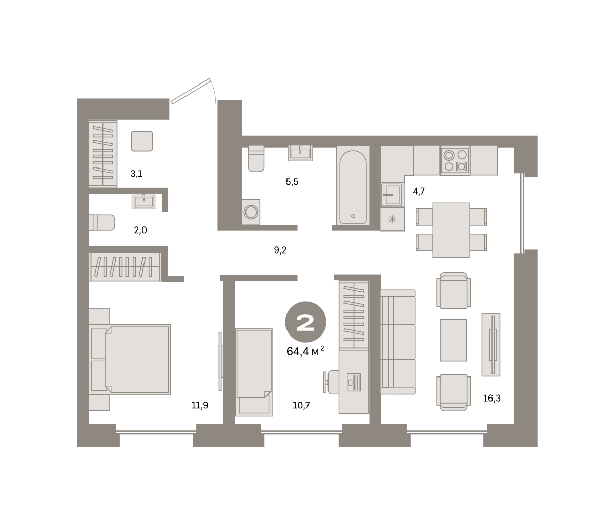 2-комнатная 64 м2 в ЖК Метроном корпус null этаж 12