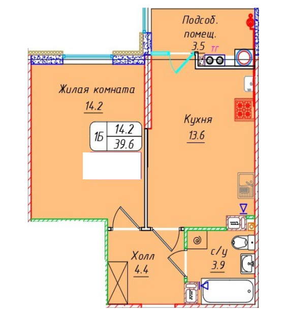 1-комнатная 39.6 м2 в ЖК undefined корпус null этаж 10