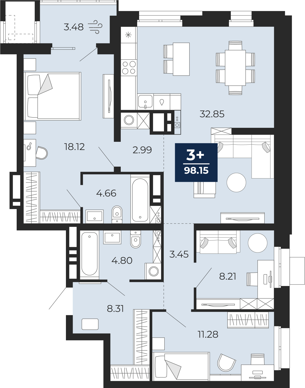 3-комнатная 94 м2 в ЖК Мириады корпус null этаж 2