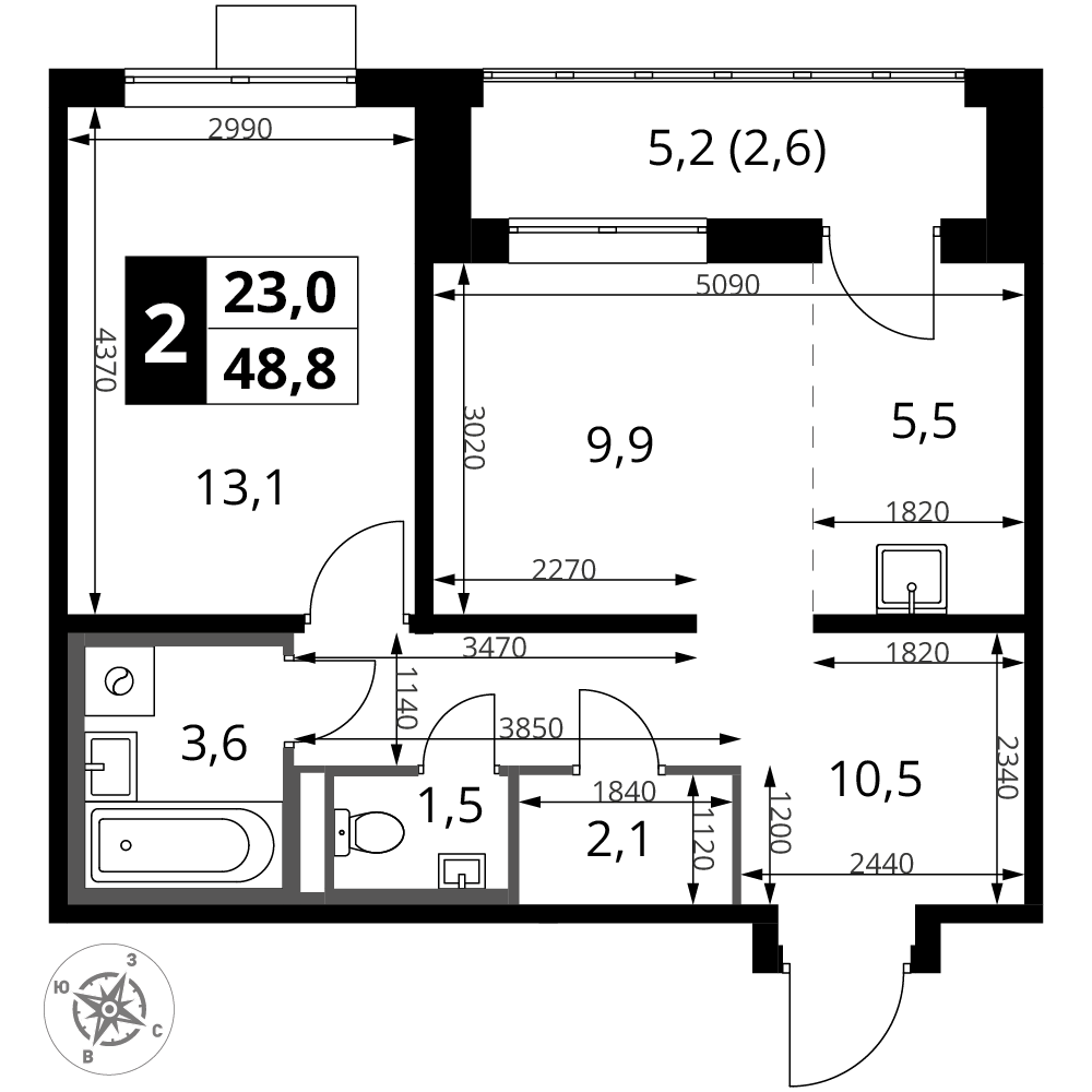 2-комнатная 48 м2 в ЖК 1-й Донской корпус null этаж 24
