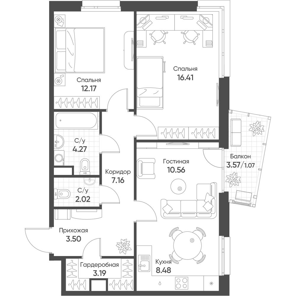 3-комнатная 68 м2 в ЖК Счастье в Казани корпус null этаж 10