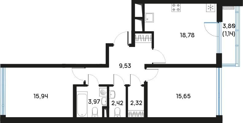 2-комнатная 70 м2 в ЖК Регенбоген корпус null этаж 3