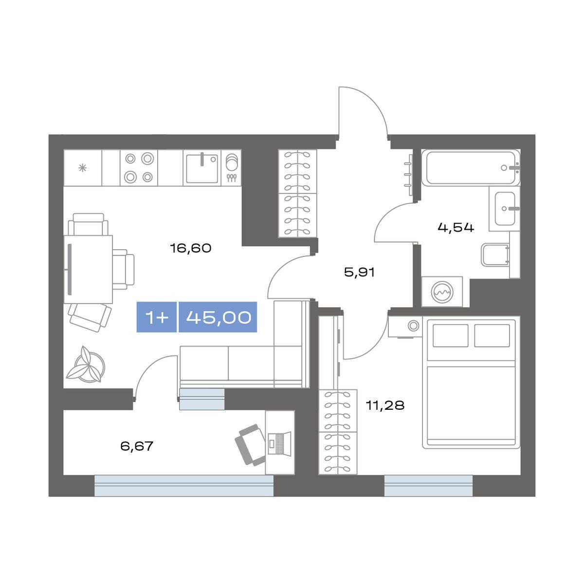 1-комнатная 45 м2 в ЖК Пятнашка корпус null этаж 15