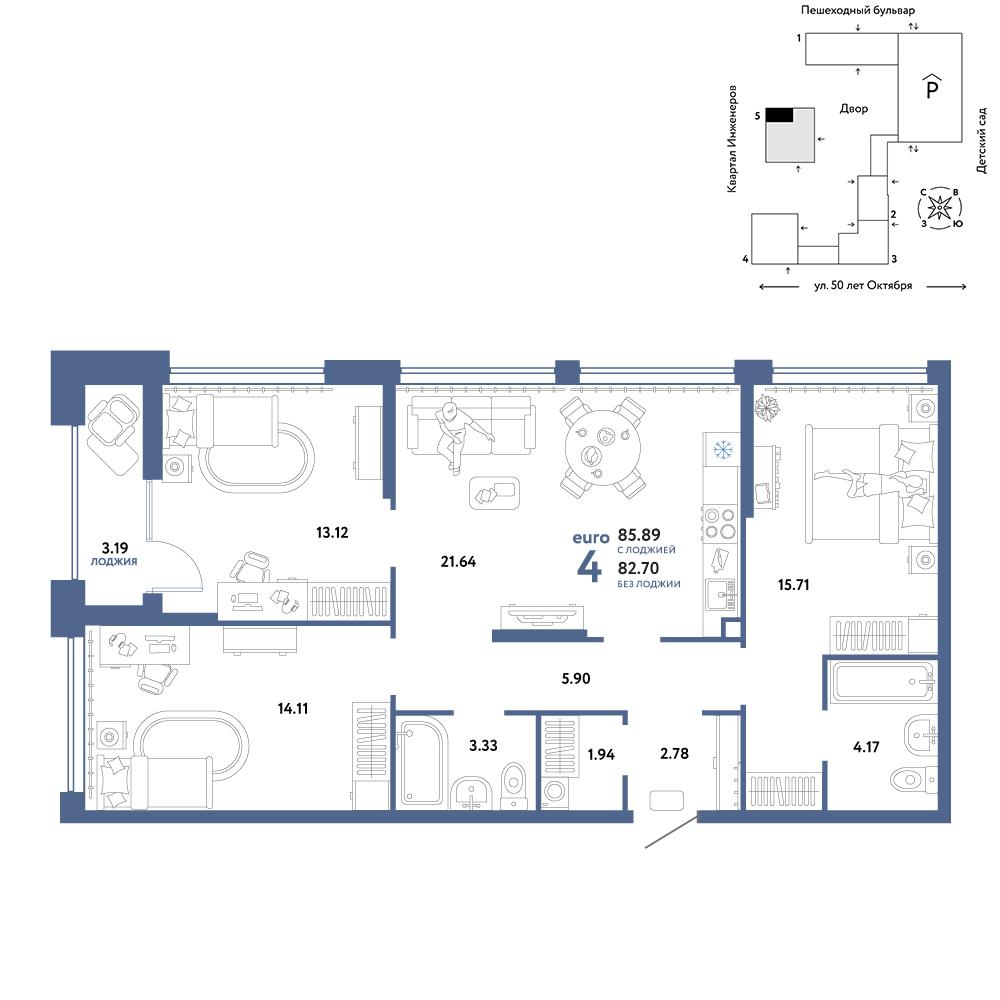 4-комнатная 85 м2 в ЖК Сердце Сибири корпус null этаж 4