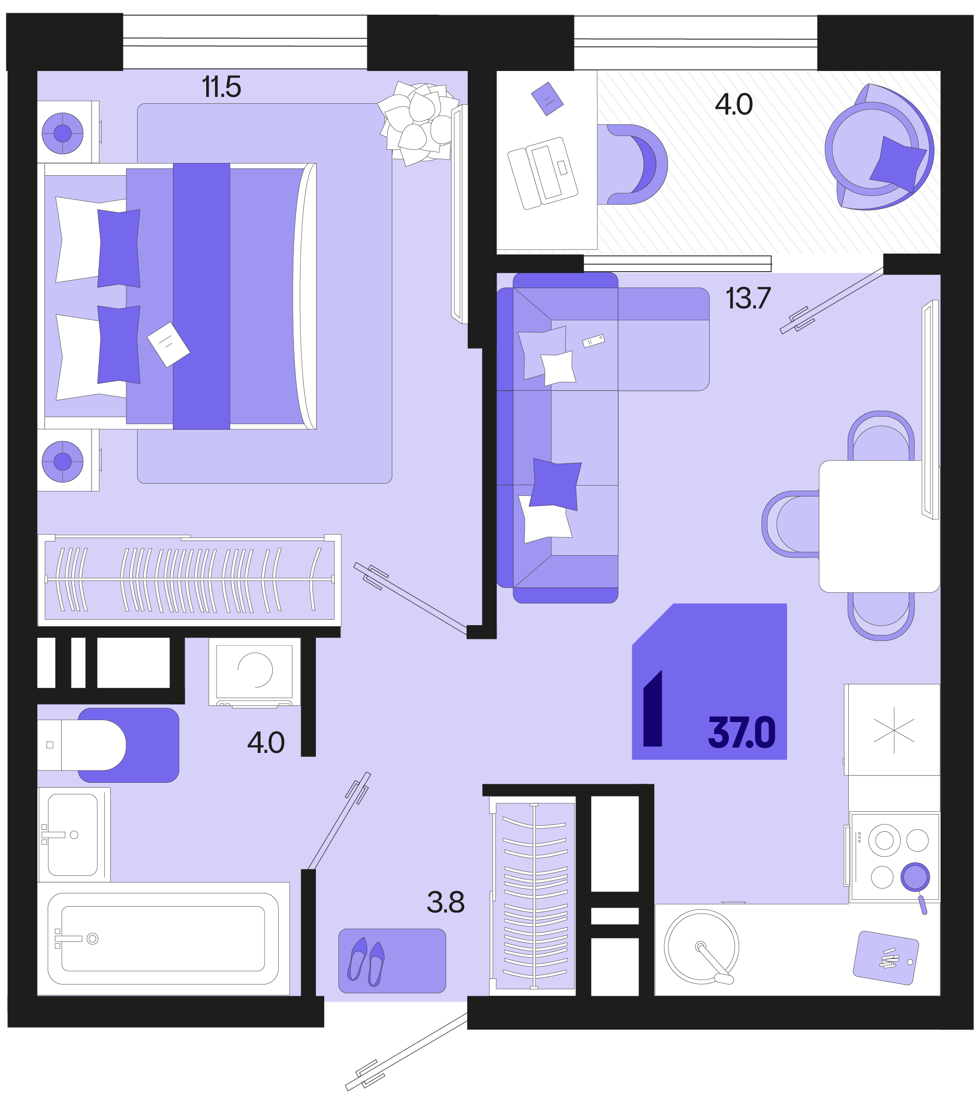 1-комнатная 37 м2 в ЖК Первое место корпус null этаж 18