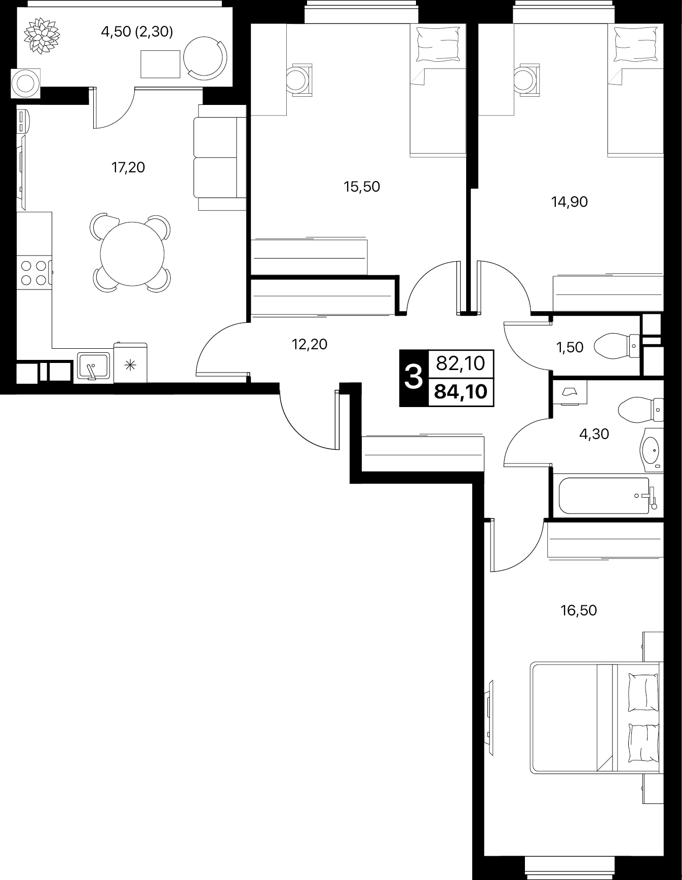 3-комнатная 84 м2 в ЖК Эстет корпус null этаж 5