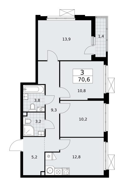 3-комнатная 70 м2 в ЖК Бунинские кварталы корпус null этаж 2