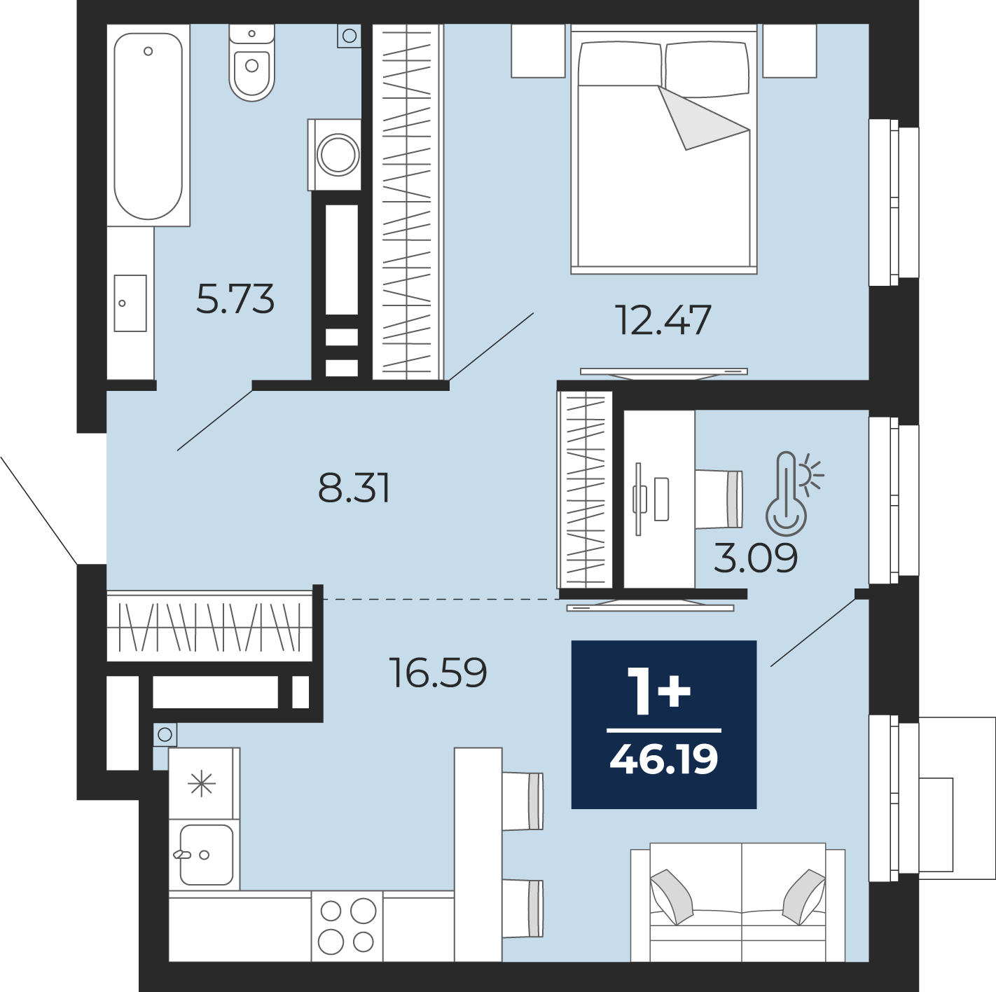 1-комнатная 46 м2 в ЖК Айвазовский корпус null этаж 3
